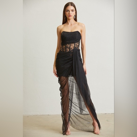 Sheer Lace Bodice Mini Dress with Tulle Draping Overlay - BLITHE - Picture 1 of 4